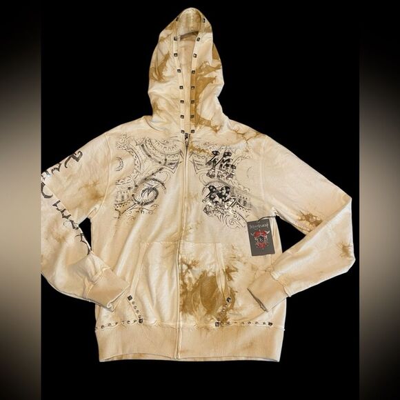 KEY CLOSET Rare men’s hoodie Tan Tribal bull embellished full zip NWT size XL - Picture 1 of 11